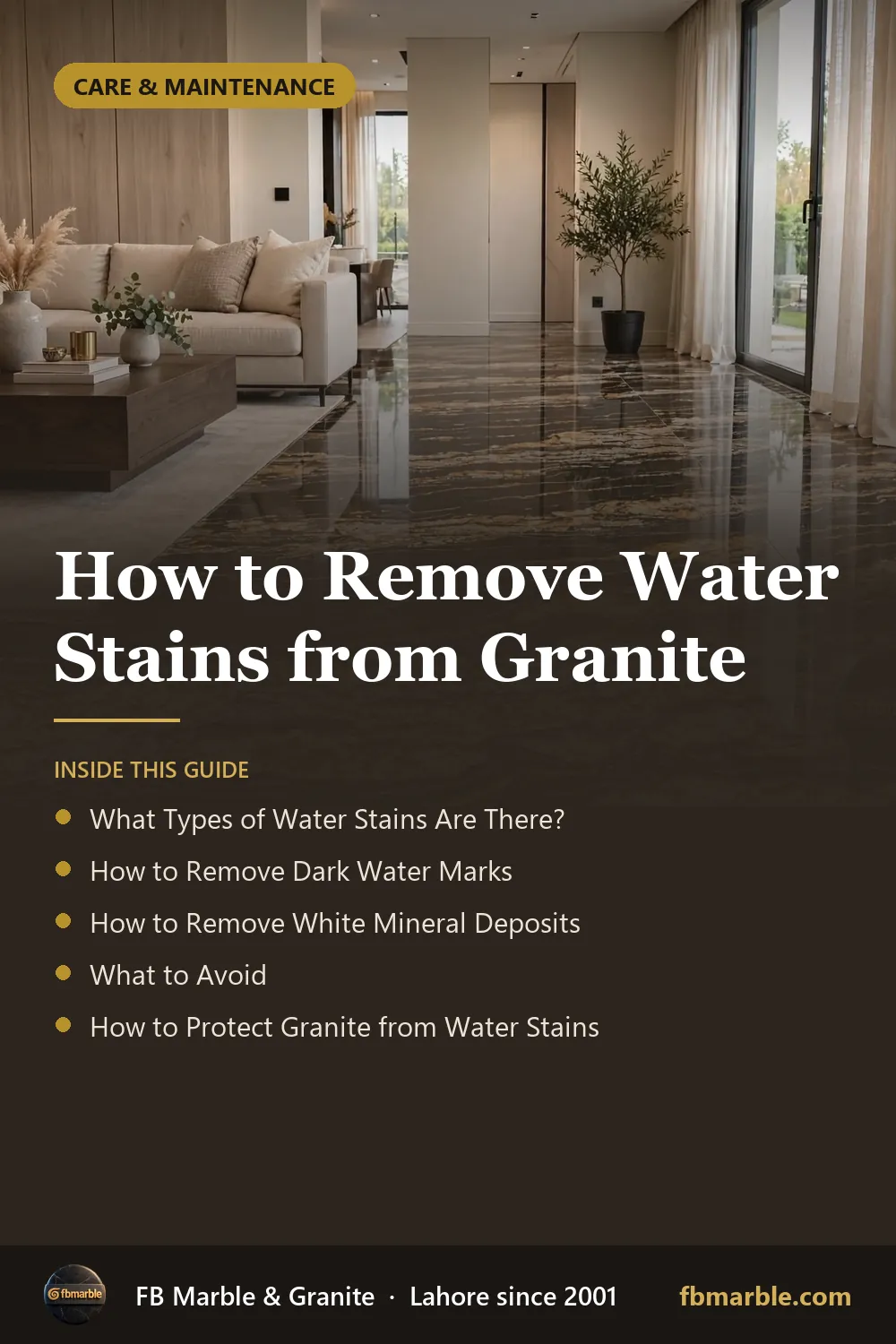 Pinterest graphic: How to Remove Water Stains from Granite – FB Marble guide