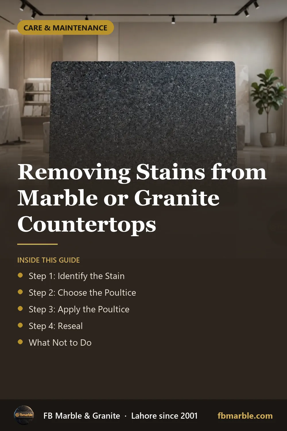 Pinterest graphic: Removing Stains from Marble or Granite Countertops – FB Marble guide