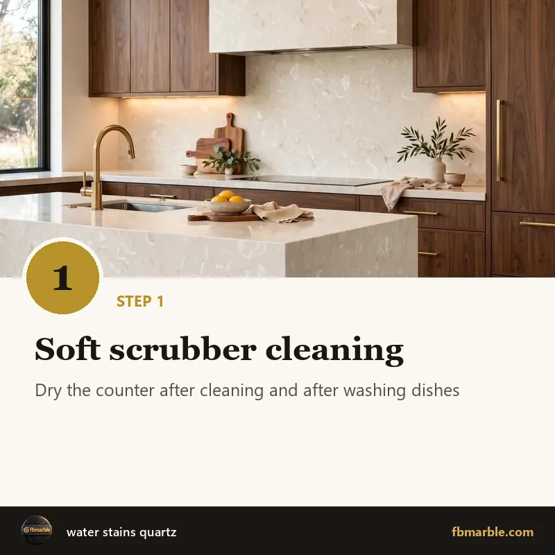 Step 1: Soft scrubber cleaning – water stains quartz