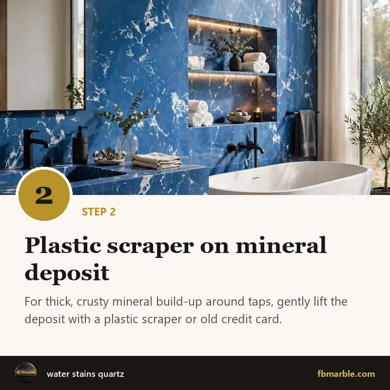 Step 2: Plastic scraper on mineral deposit – water stains quartz