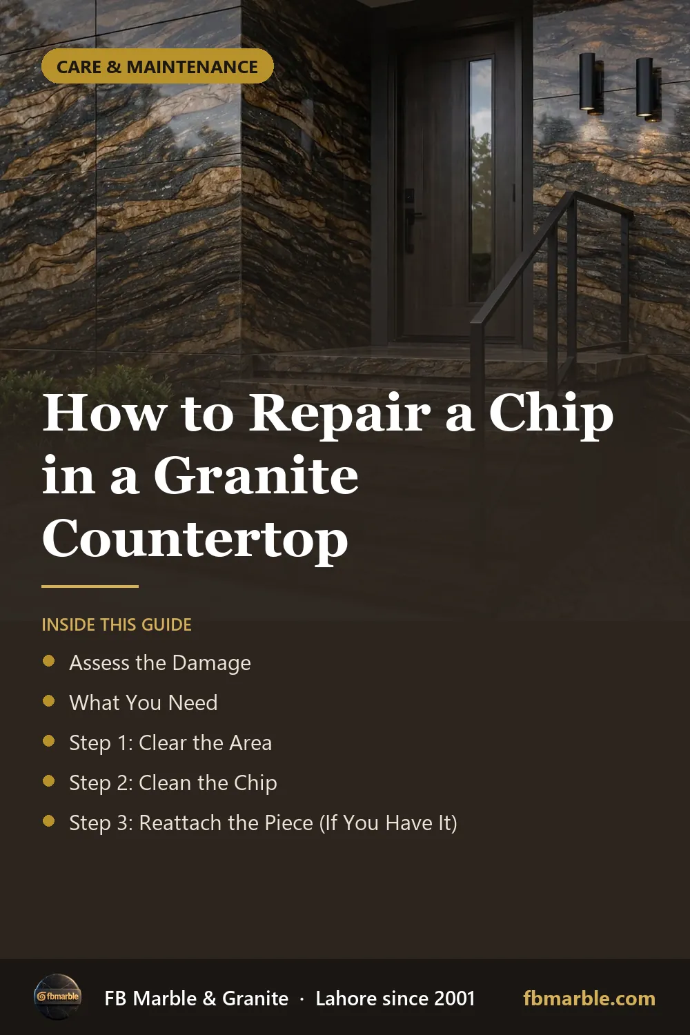 Pinterest graphic: How to Repair a Chip in a Granite Countertop – FB Marble guide