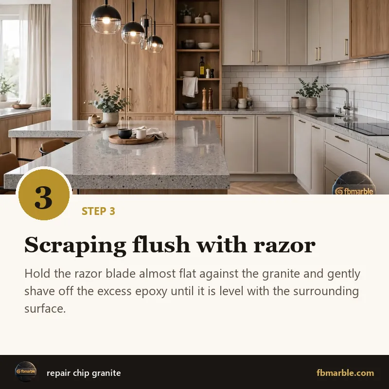 Step 3: Scraping flush with razor – repair chip granite