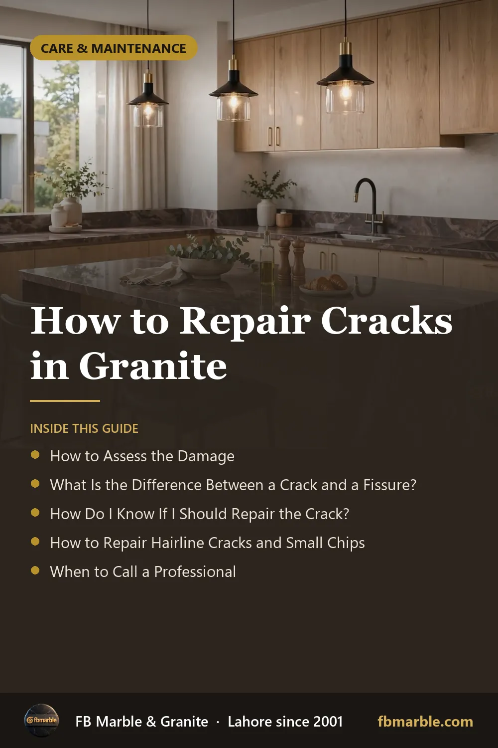 Pinterest graphic: How to Repair Cracks in Granite – FB Marble guide