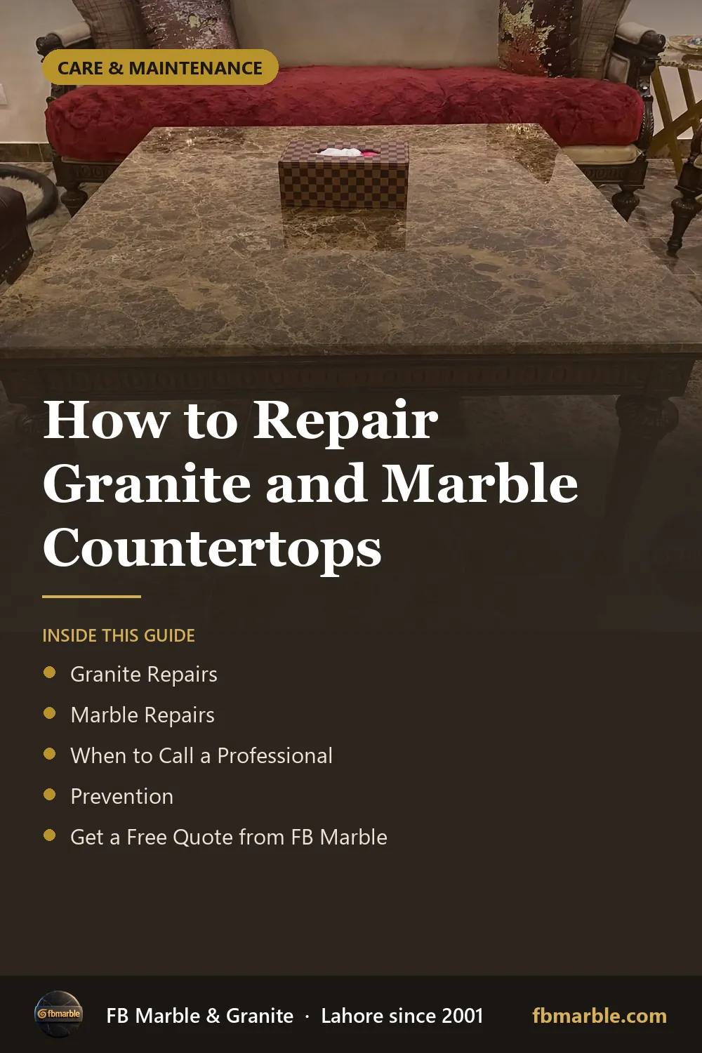 Pinterest graphic: How to Repair Granite and Marble Countertops – FB Marble guide