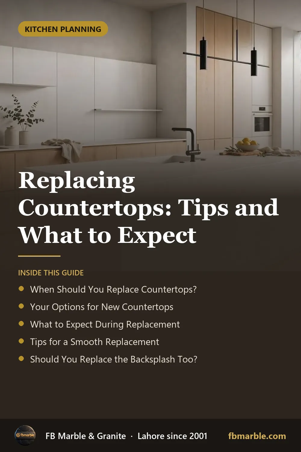 Pinterest graphic: Replacing Countertops: Tips and What to Expect – FB Marble guide
