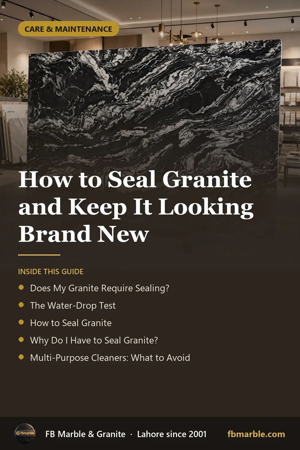Pinterest graphic: How to Seal Granite and Keep It Looking Brand New – FB Marble guide