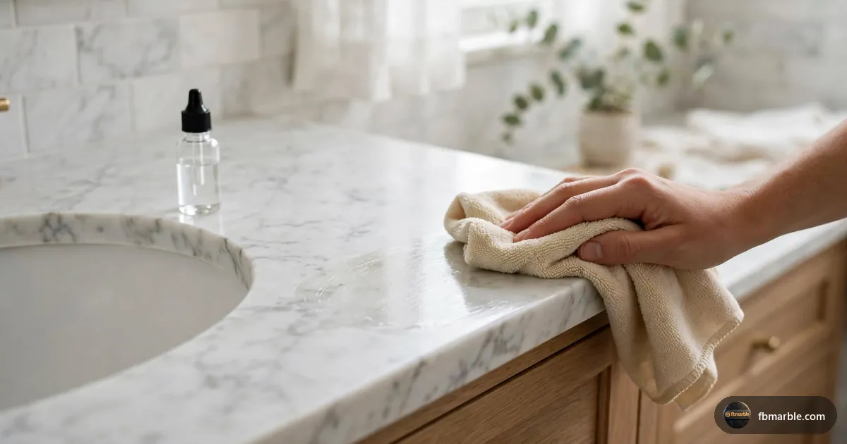 Hand applying sealer to white marble vanity top – how to seal marble