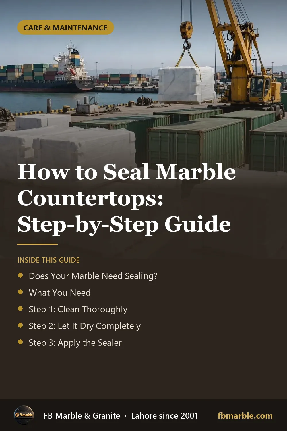 Pinterest graphic: How to Seal Marble Countertops: Step-by-Step Guide – FB Marble guide