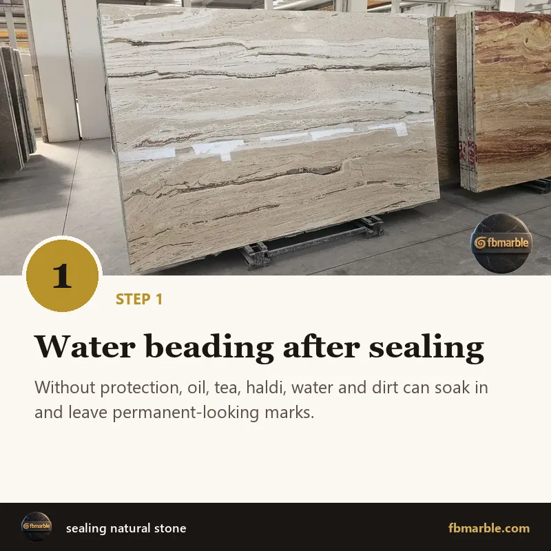 Step 1: Water beading after sealing – sealing natural stone