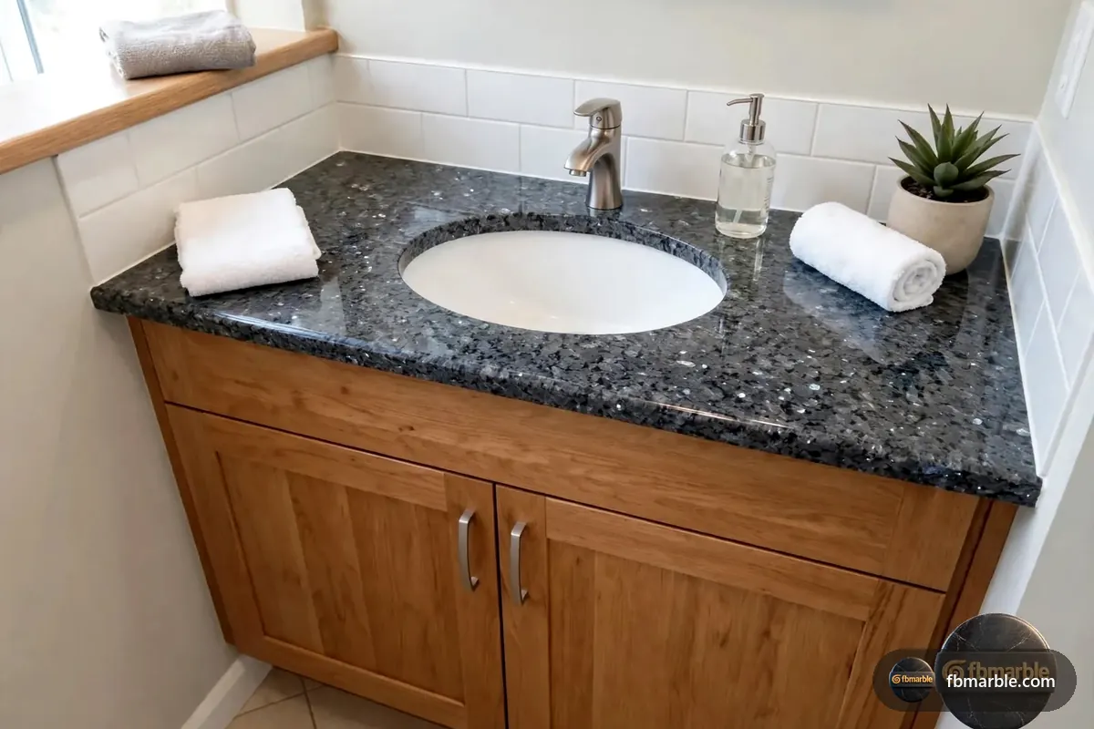 Blue Pearl Granite slab from FB Marble Lahore, suited to 2cm counter with built-up edge
