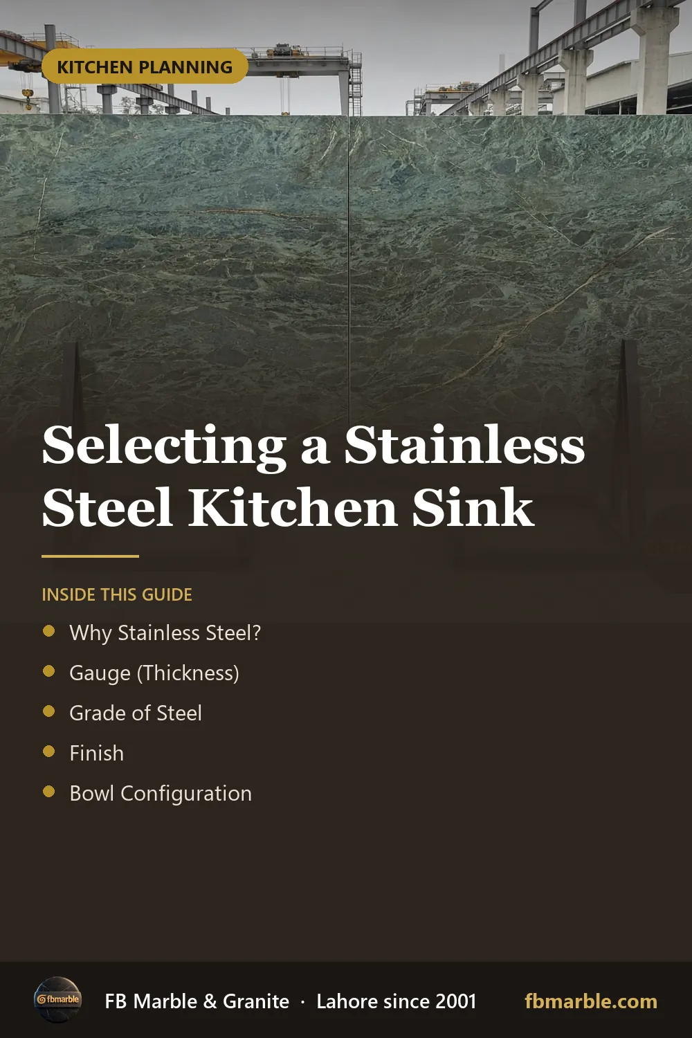 Pinterest graphic: Selecting a Stainless Steel Kitchen Sink – FB Marble guide