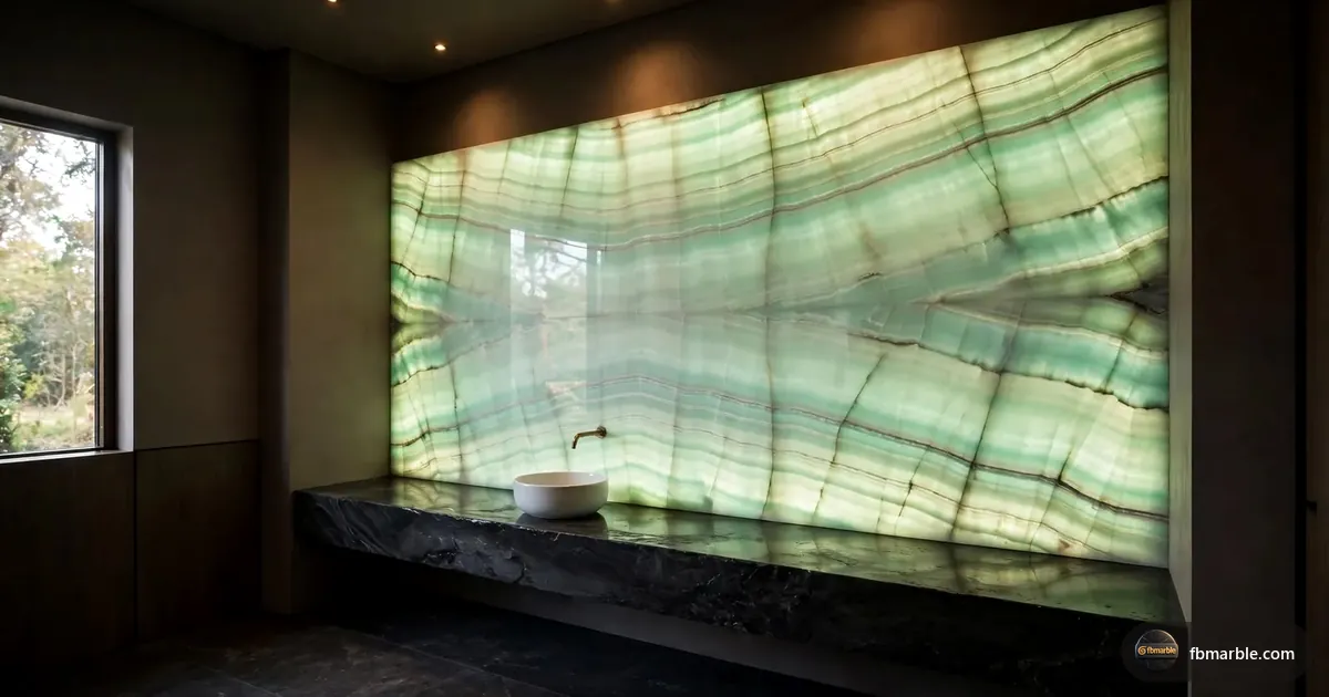 Powder room with a backlit Light Green Onyx wall