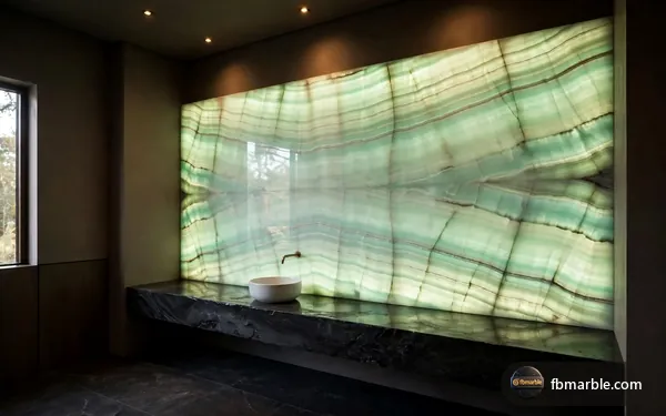 Powder room with a backlit Light Green Onyx wall