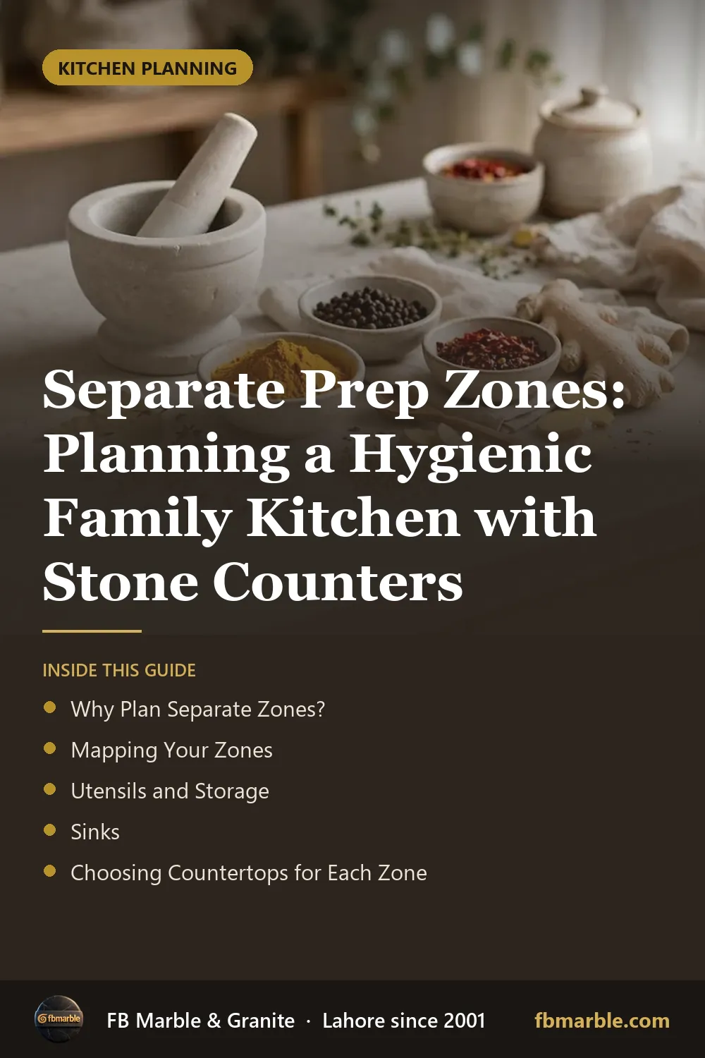Pinterest graphic: Separate Prep Zones: Planning a Hygienic Family Kitchen with Stone Counters – FB Marble guide