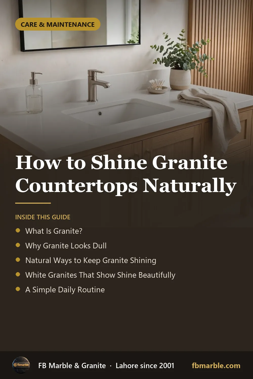 Pinterest graphic: How to Shine Granite Countertops Naturally – FB Marble guide