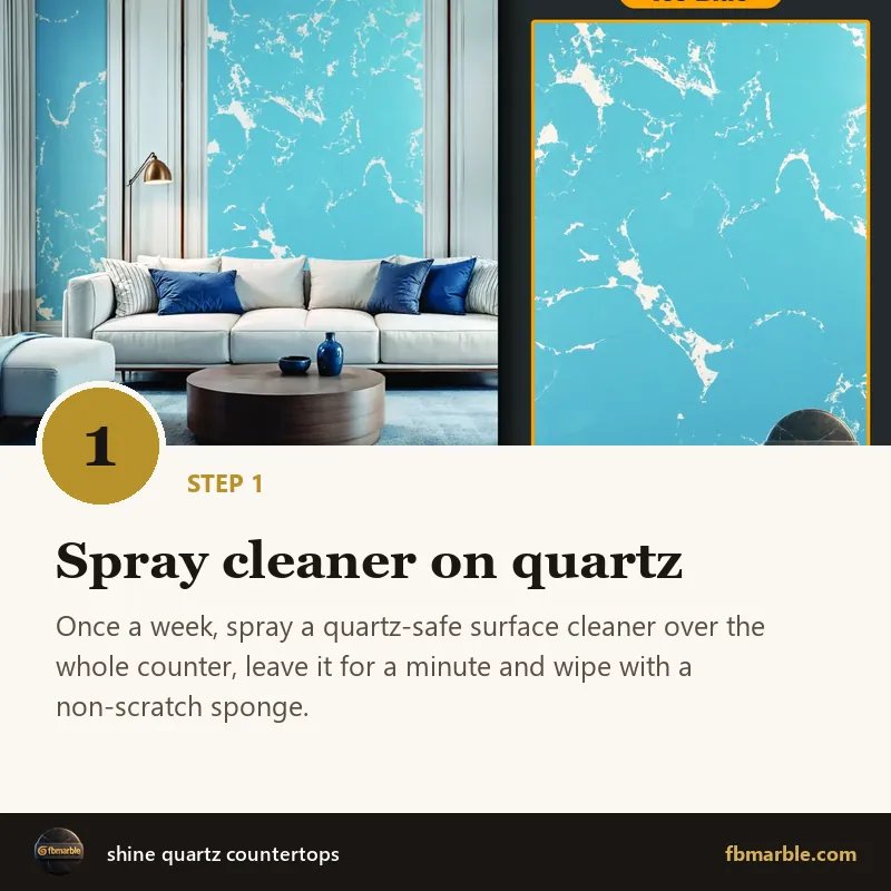 Step 1: Spray cleaner on quartz – shine quartz countertops