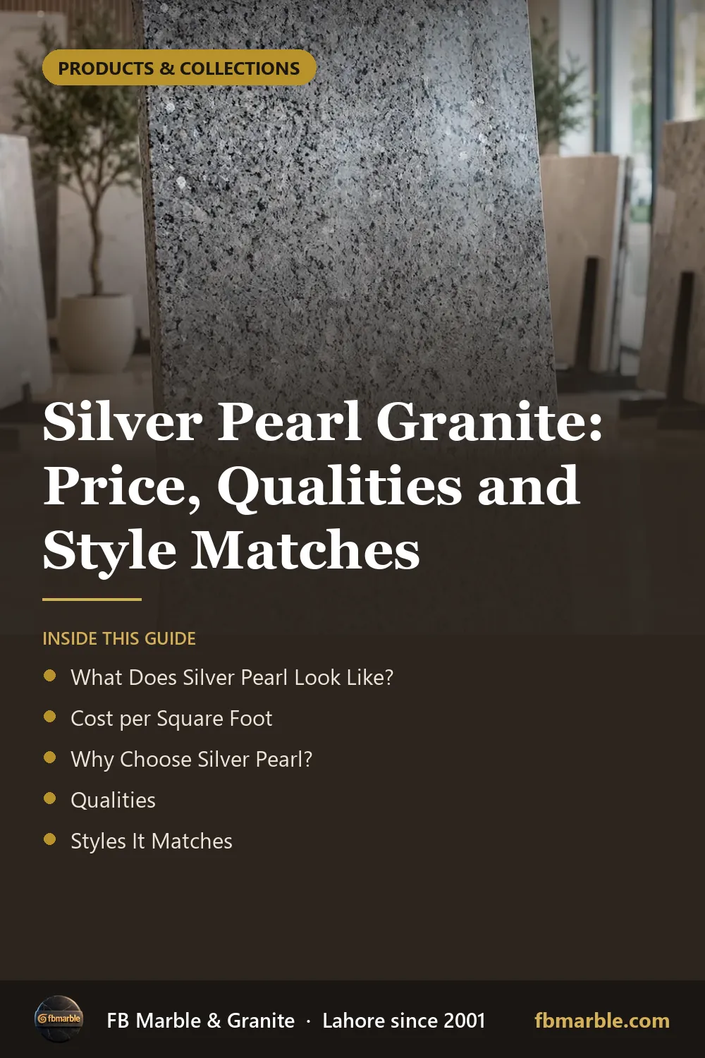 Pinterest graphic: Silver Pearl Granite: Price, Qualities and Style Matches – FB Marble guide
