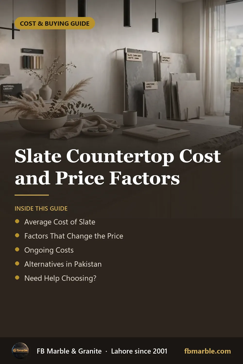 Pinterest graphic: Slate Countertop Cost and Price Factors – FB Marble guide