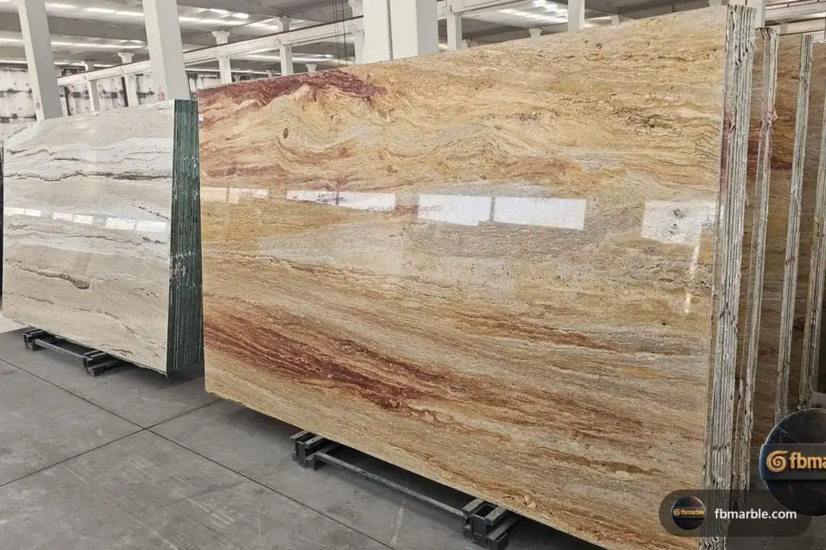 Roman Travertine slab from FB Marble Lahore, suited to l-shaped small kitchen