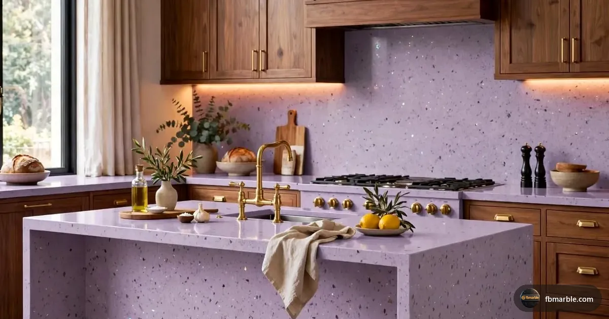 Dream Pink Quartz slab from FB Marble Lahore, suited to compact apartment kitchen with light quartz