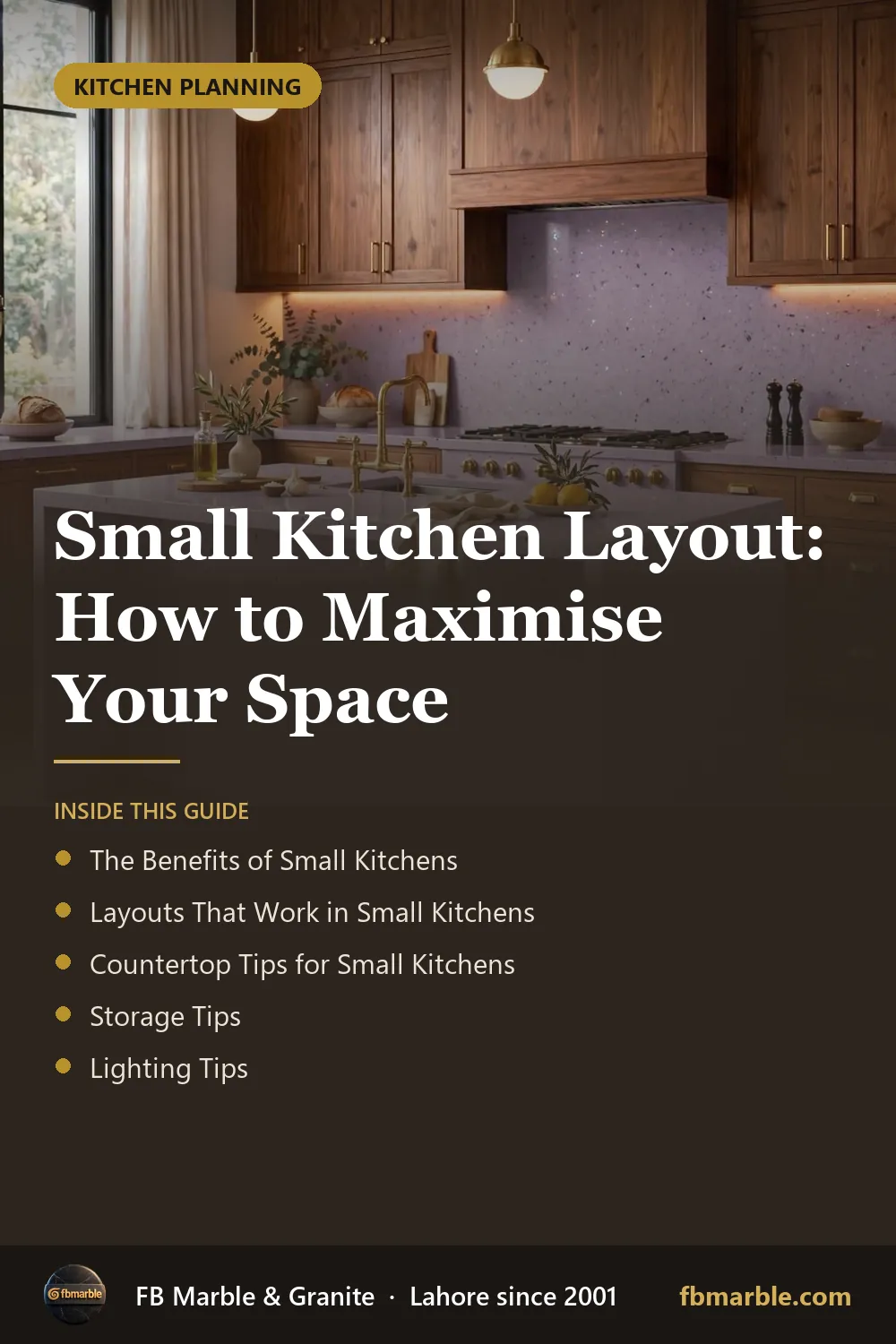 Pinterest graphic: Small Kitchen Layout: How to Maximise Your Space – FB Marble guide
