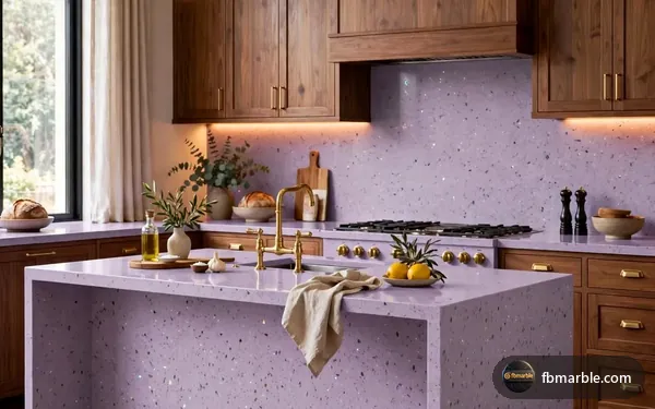 Dream Pink Quartz slab from FB Marble Lahore, suited to compact apartment kitchen with light quartz