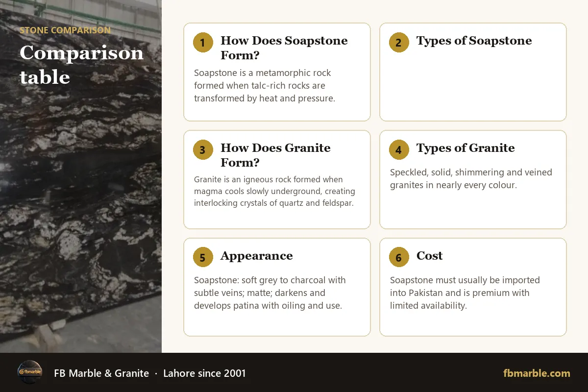 Comparison table – soapstone vs granite infographic by FB Marble