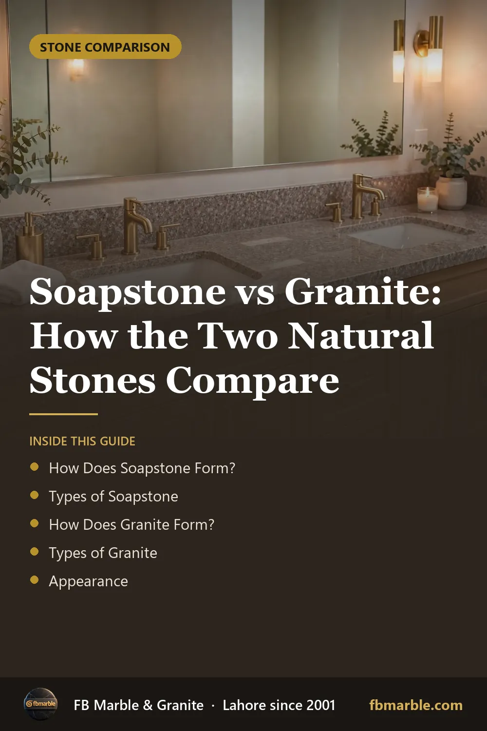 Pinterest graphic: Soapstone vs Granite: How the Two Natural Stones Compare – FB Marble guide