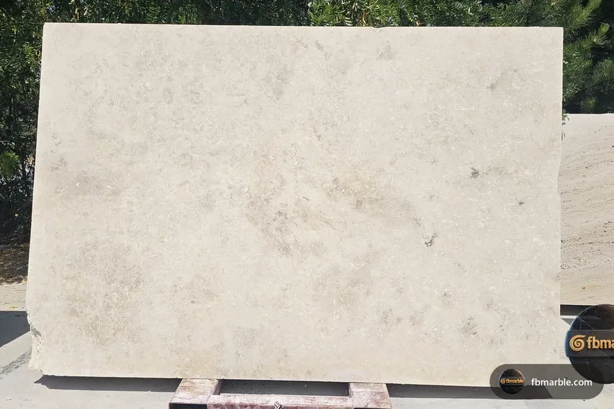 White Travertine slab from FB Marble Lahore, suited to carved soapstone object