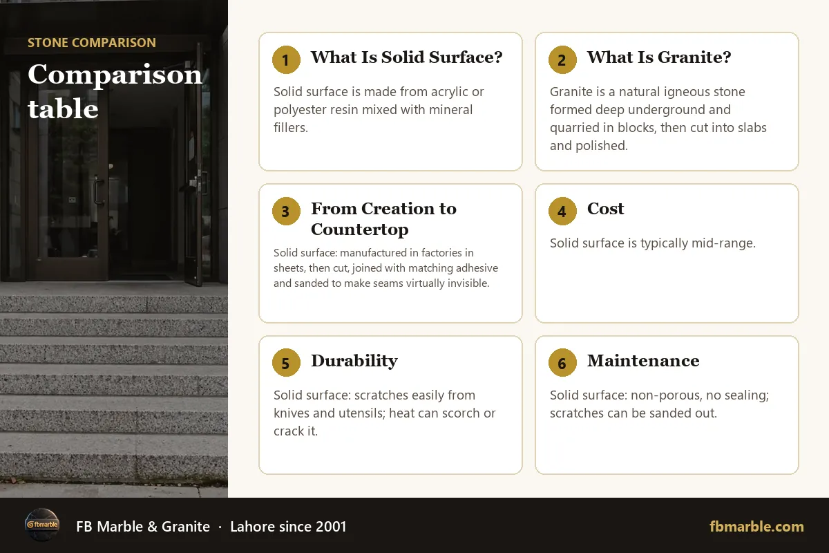 Comparison table – solid surface vs granite infographic by FB Marble