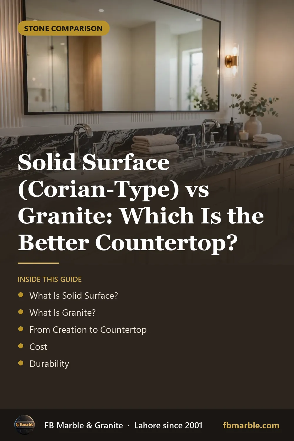 Pinterest graphic: Solid Surface (Corian-Type) vs Granite: Which Is the Better Countertop? – FB Marble guide