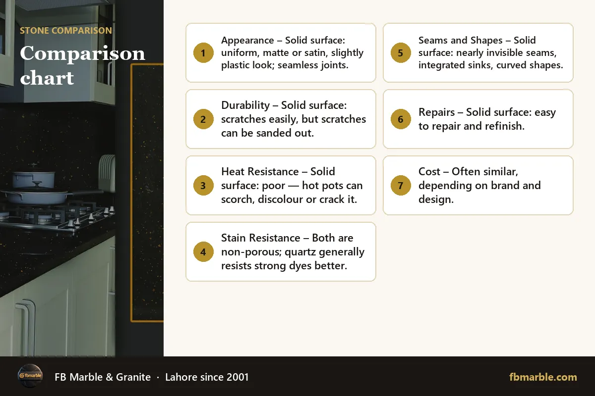 Comparison chart – solid surface vs quartz infographic by FB Marble