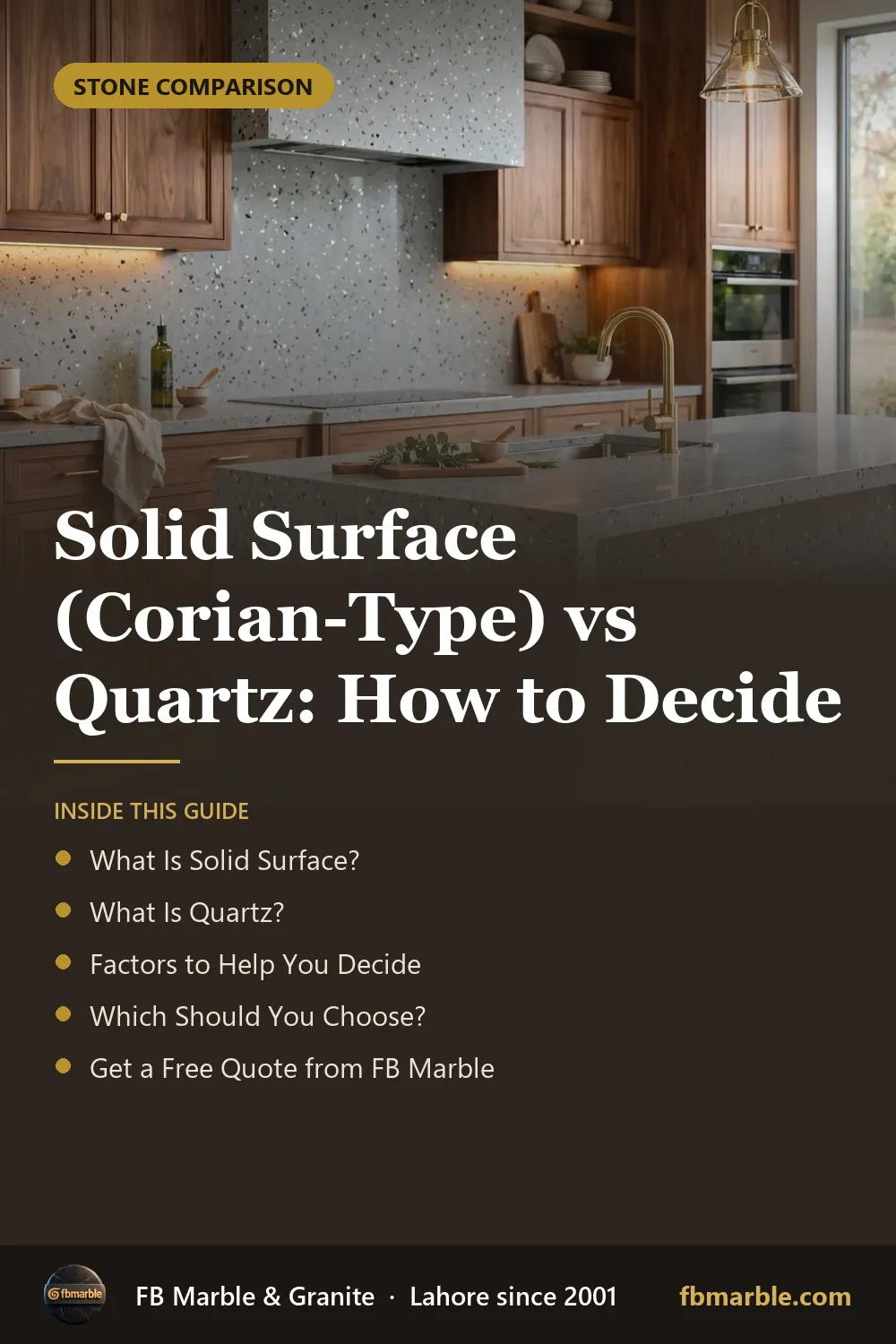 Pinterest graphic: Solid Surface (Corian-Type) vs Quartz: How to Decide – FB Marble guide