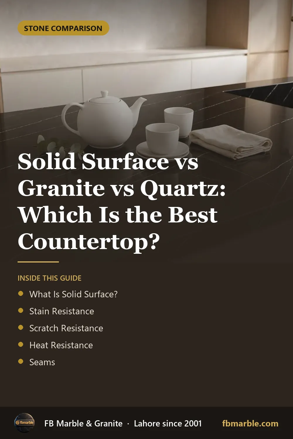 Pinterest graphic: Solid Surface vs Granite vs Quartz: Which Is the Best Countertop? – FB Marble guide
