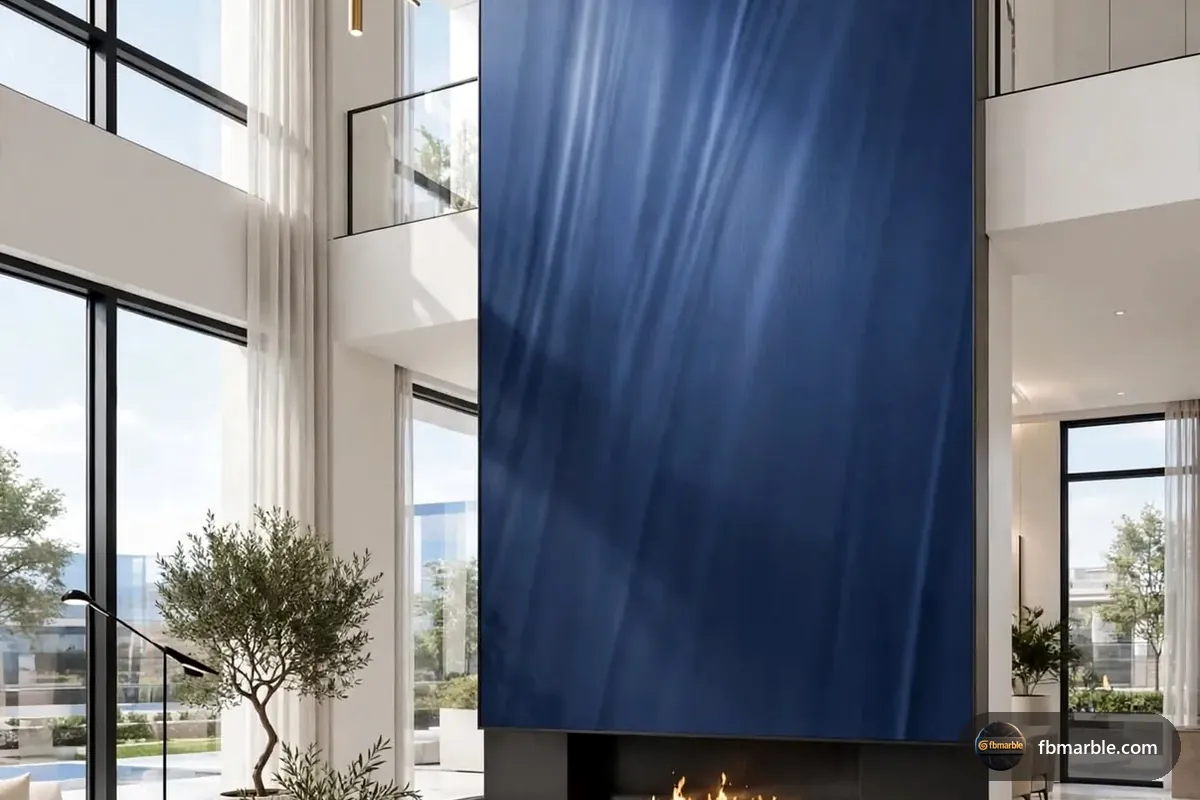 Royal Blue Cover Porcelain slab from FB Marble Lahore, suited to two-level island
