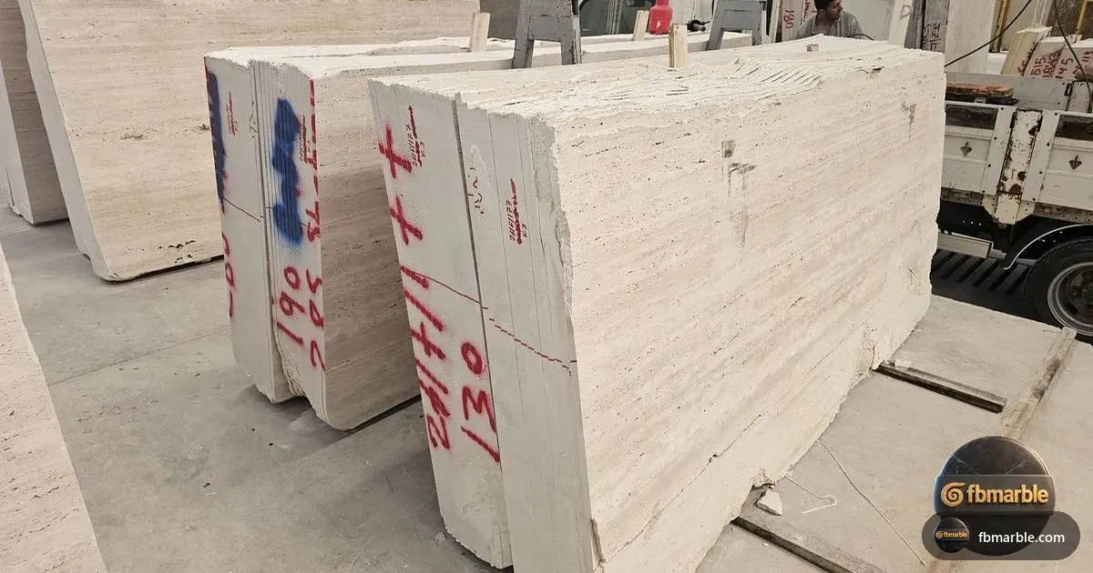 Cream Travertine slab from FB Marble Lahore, suited to island overhang with stools