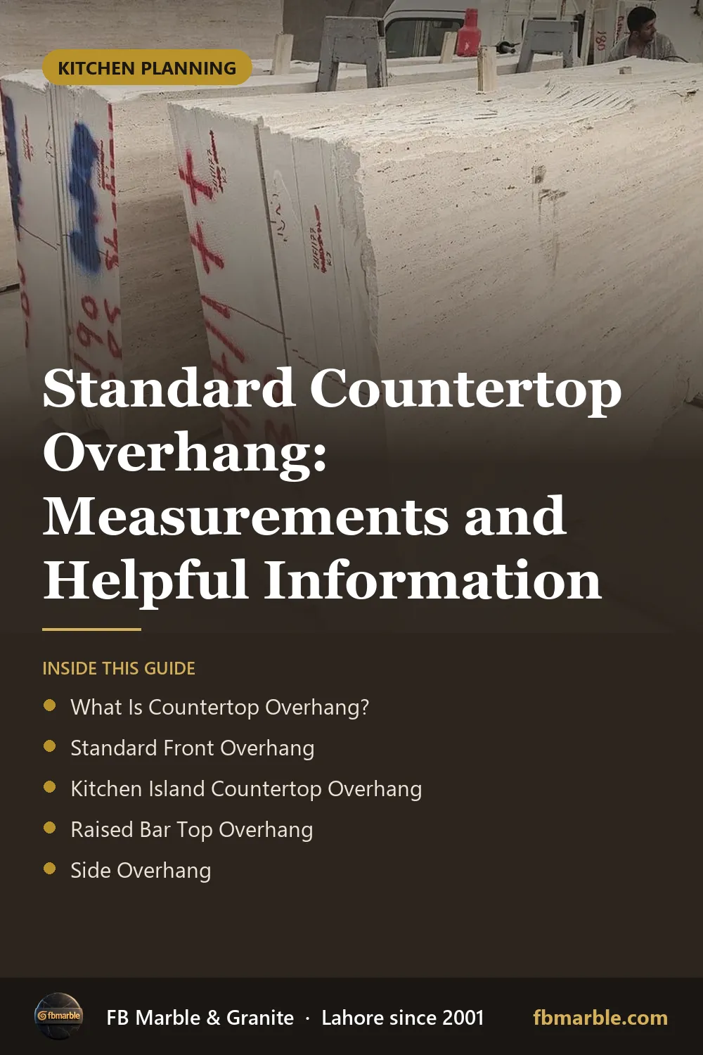 Pinterest graphic: Standard Countertop Overhang: Measurements and Helpful Information โ FB Marble guide