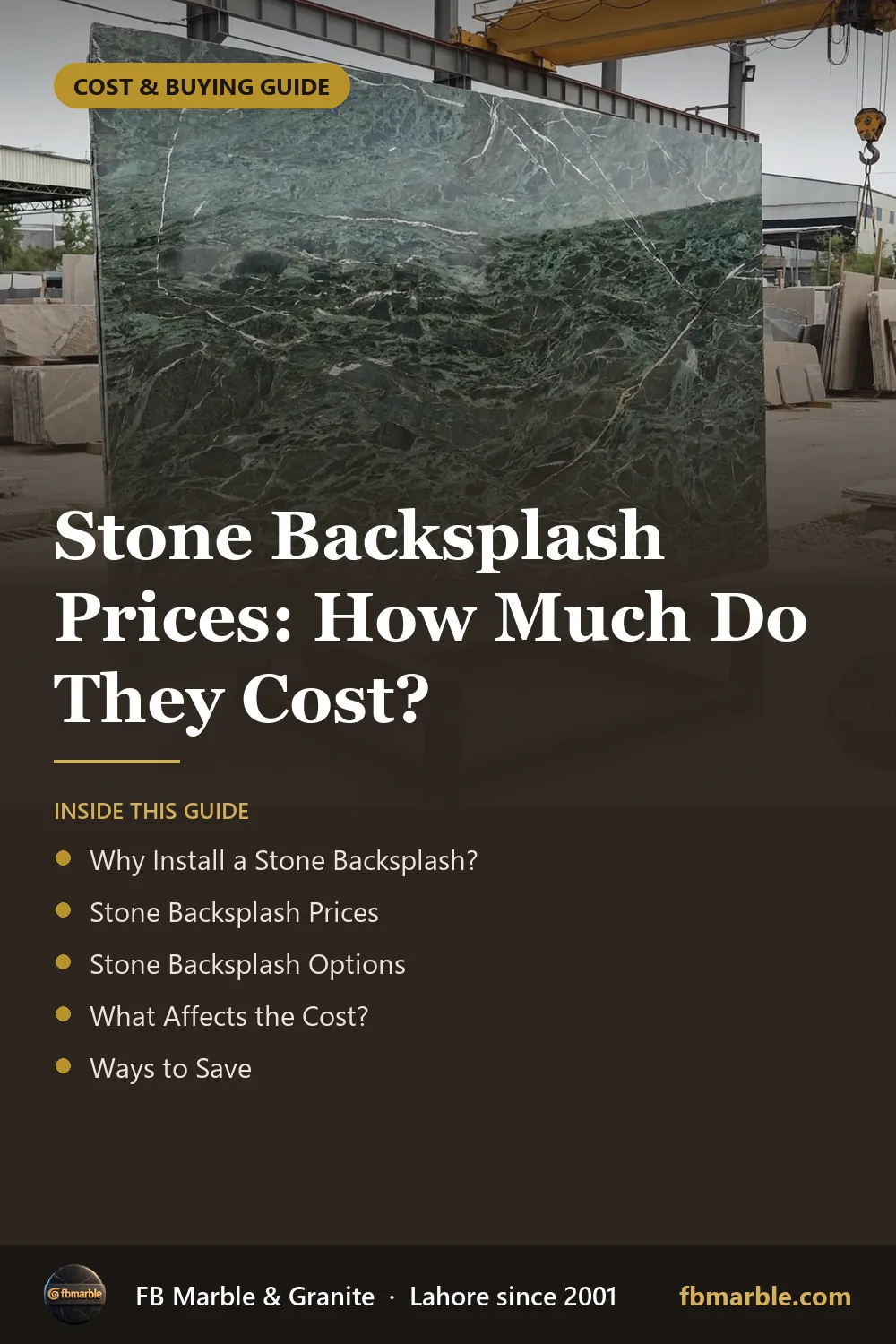 Pinterest graphic: Stone Backsplash Prices: How Much Do They Cost? – FB Marble guide