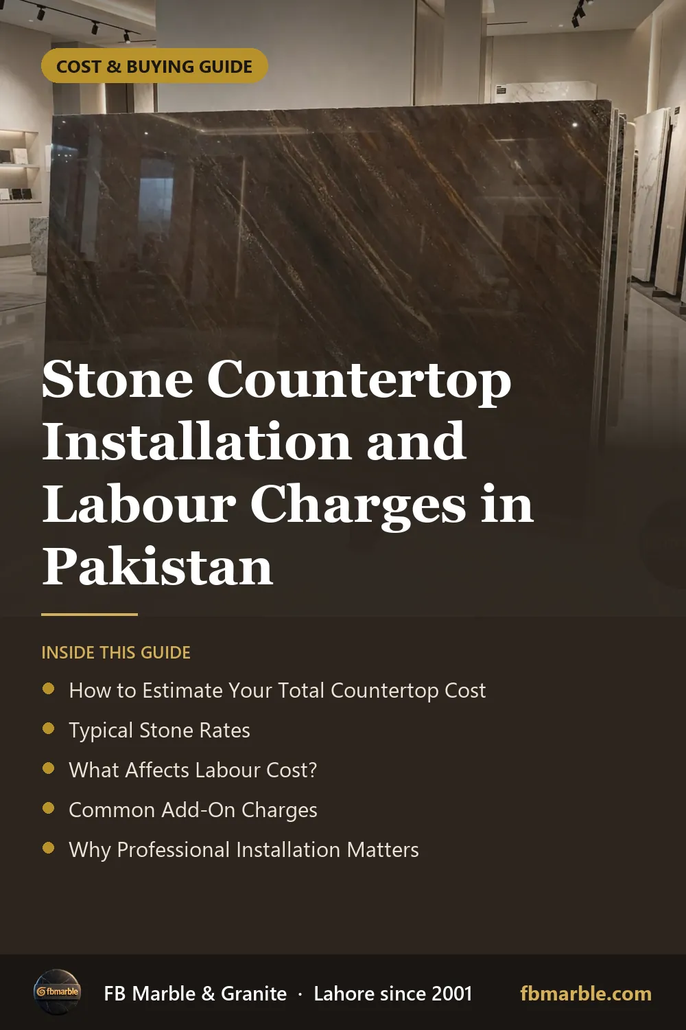 Pinterest graphic: Stone Countertop Installation and Labour Charges in Pakistan – FB Marble guide