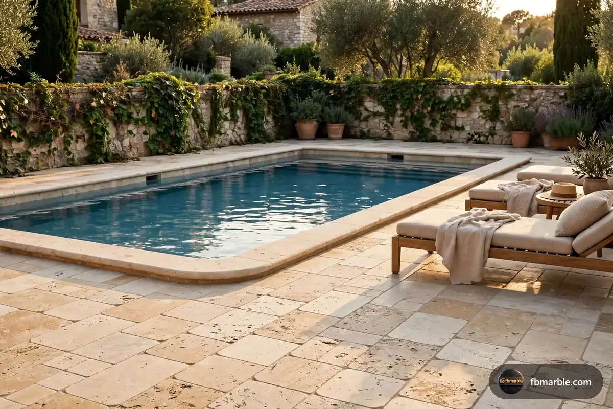 Pool deck in tumbled travertine