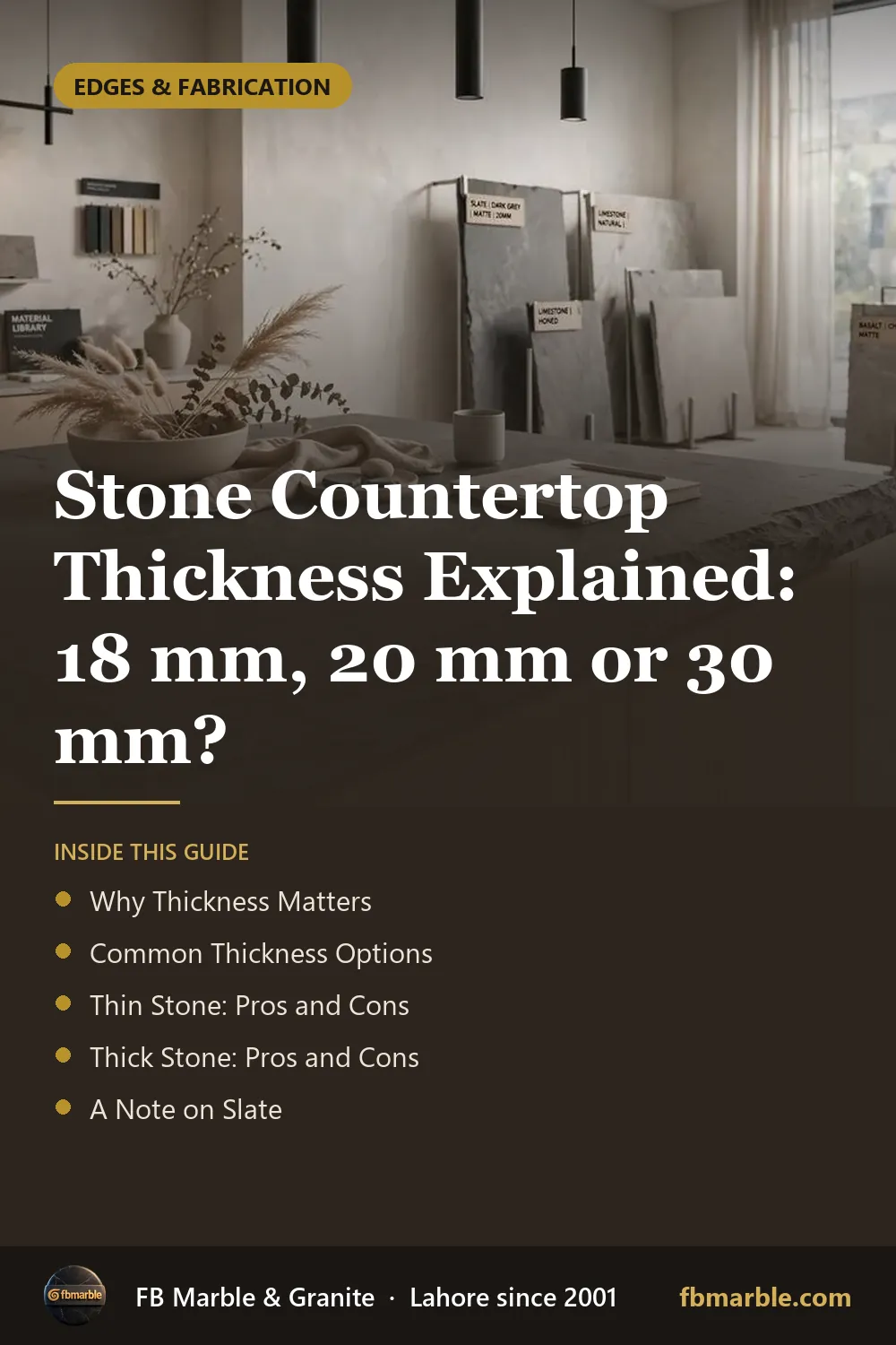 Pinterest graphic: Stone Countertop Thickness Explained: 18 mm, 20 mm or 30 mm? – FB Marble guide