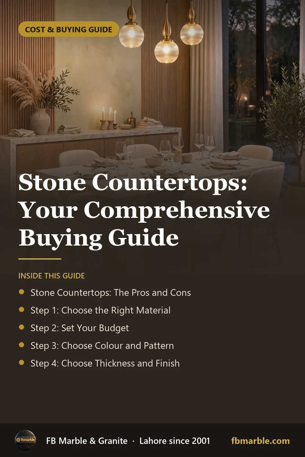 Pinterest graphic: Stone Countertops: Your Comprehensive Buying Guide – FB Marble guide