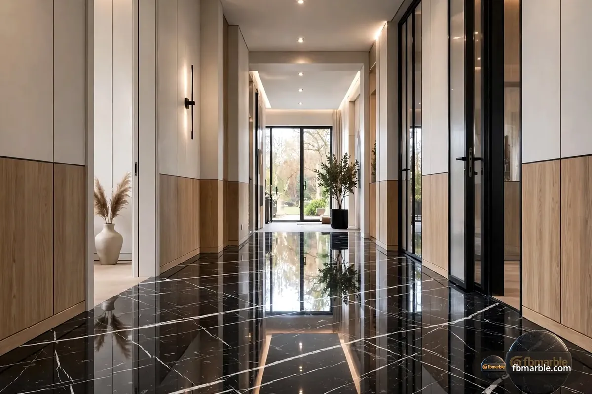 Marquina Black Granite slab from FB Marble Lahore, suited to granite fireplace