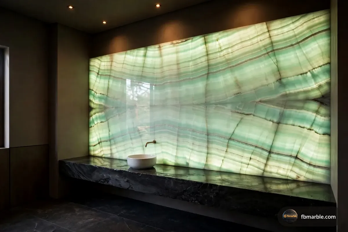 Powder room with a backlit Light Green Onyx wall