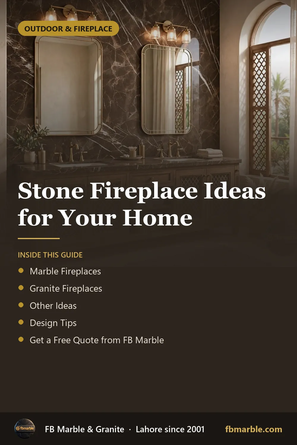 Pinterest graphic: Stone Fireplace Ideas for Your Home – FB Marble guide