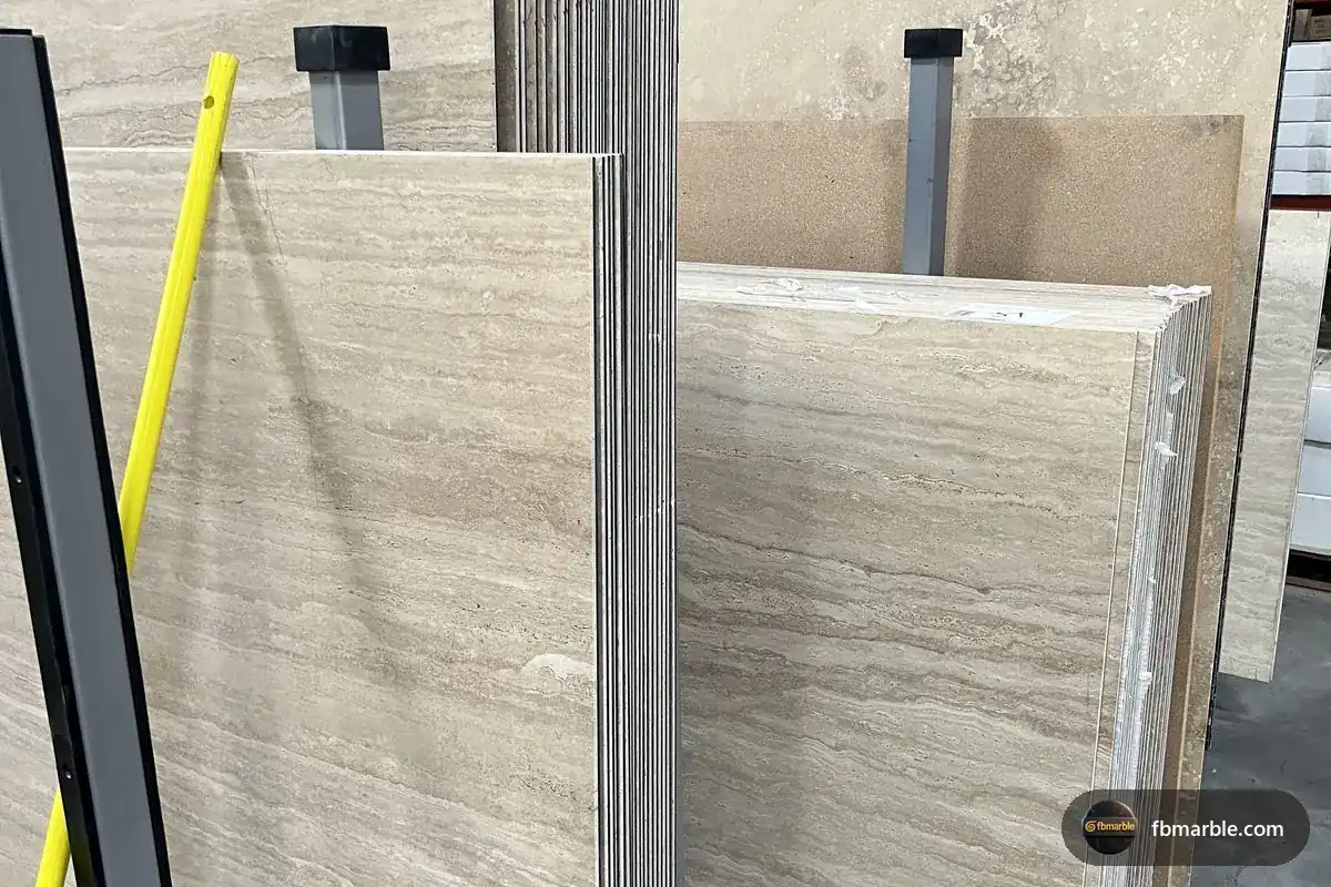 Classic Travertine slab from FB Marble Lahore, suited to travertine fireplace wall