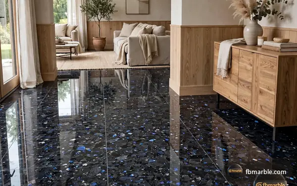 Volga Blue Granite slab from FB Marble Lahore, suited to fabrication workshop with bridge saw