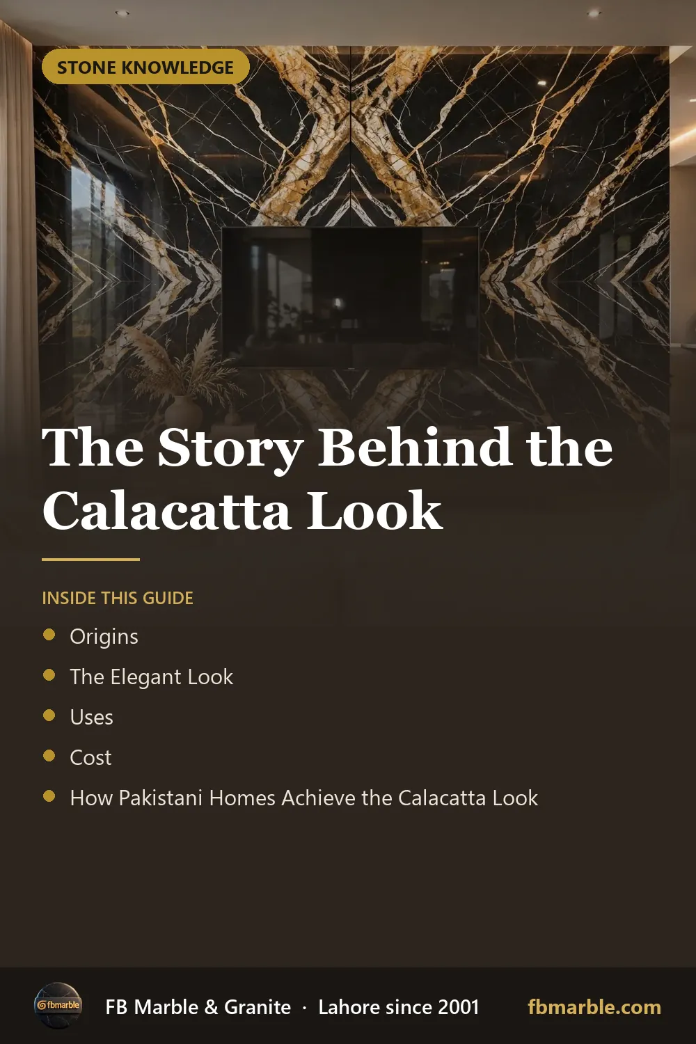 Pinterest graphic: The Story Behind the Calacatta Look – FB Marble guide