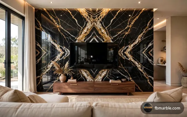 Bookmatched Black and Gold marble TV wall with a polished finish