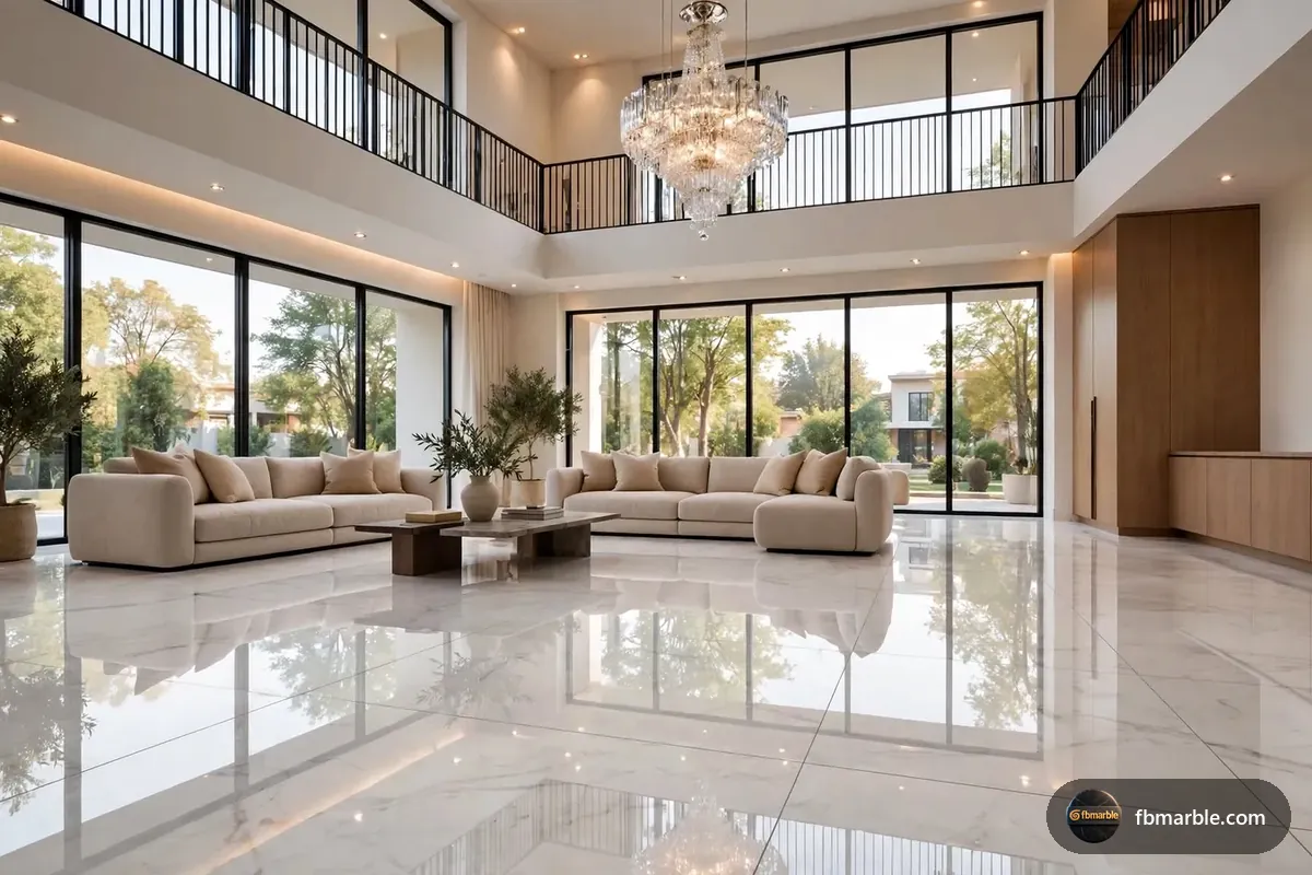 Double-height lounge with a Ziarat White marble floor